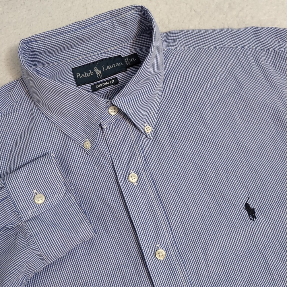 Ralph Lauren Men's XL CUSTOM FIT Button Down Navy Pony Blue Check Gingham Shirt